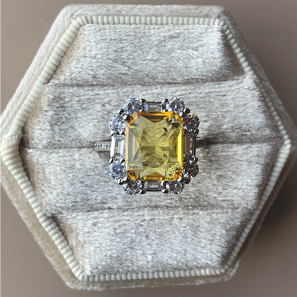 Art Deco 3 CT Citrine 2.5 CTW Diamond 14K WG Ring